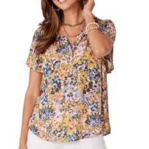 Democracy Short Sleeve Bell Sleeve Floral Print Woven Top, Size XL